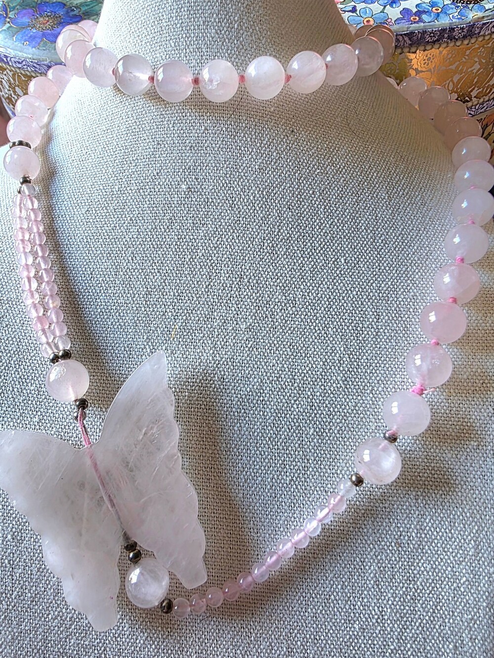 Vintage Artisan Rose Quartz Crystal Bead Necklace Butterfly Pendant